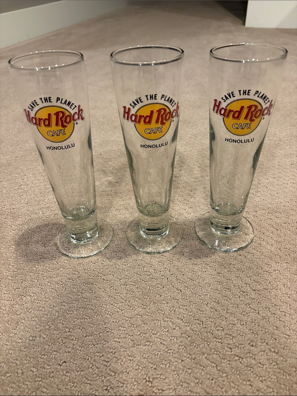 Hard Rock Cafe Clear Pilsner Glasses with Red & Yellow Logo (Set of 3)